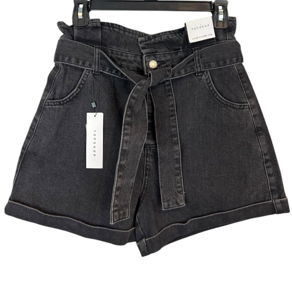 Topshop Washed Black Grey Paper Bag High Rise Denim Jean Shorts 6 NWT - Picture 2 of 13